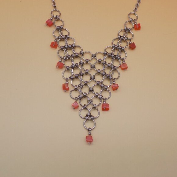 Vintage Mesh Choker Bib Necklace Silver Tone Orange Glass Square Beads - Picture 10 of 11